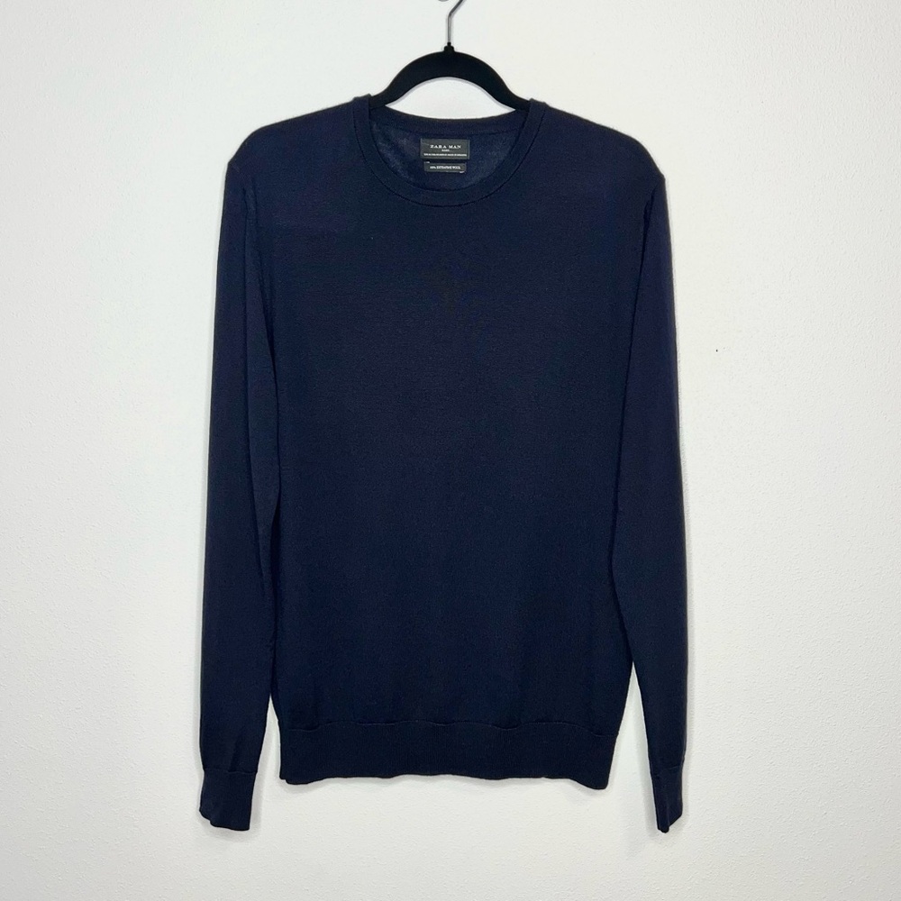 Zara Men’s 100% Extra Fine Wool Knit Sweater Navy Blue Crew Neck Size Medium